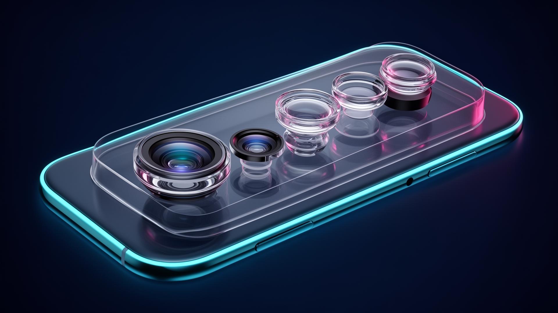 Exploded view of the Mate 90 Pro Max periscope telephoto camera module showing five glass lens elements